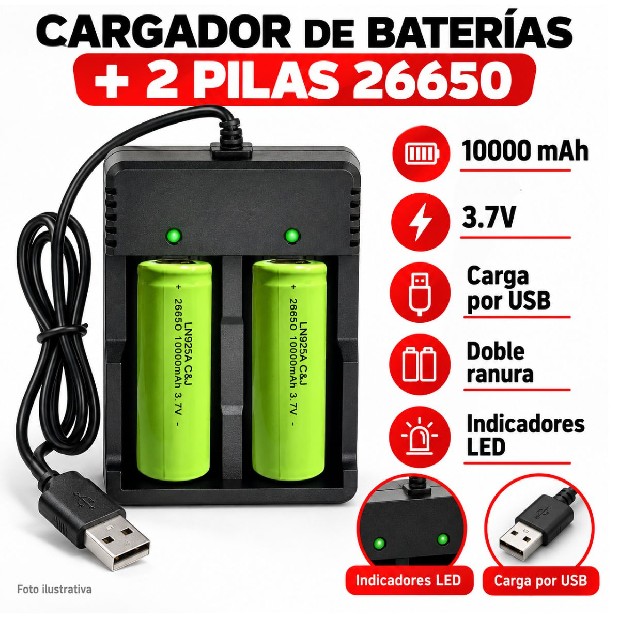 &uk CARGADOR DOBLE + BATERIA 26650 VERDE PREMIUN (925a+6504)